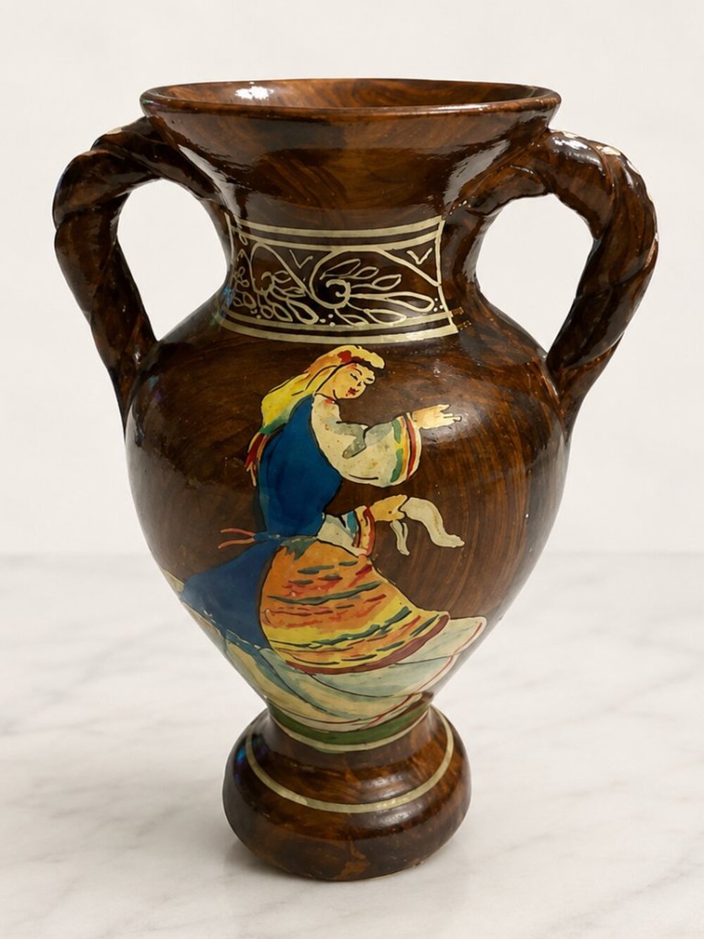 Vintage Signed Handmade Greek Pottery Vase Woman Double Handle Made in Greece